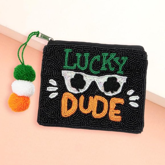 St Patricks day LUCKY DUDE Sequin Sunglasses Beaded Mini Pouch Bag - Picture 1 of 1